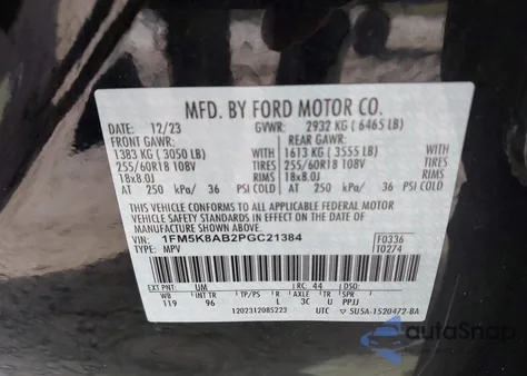 2023 Ford Police Interceptor z USA, uszkodzony, nr VIN 1FM5K8AB2PGC21384